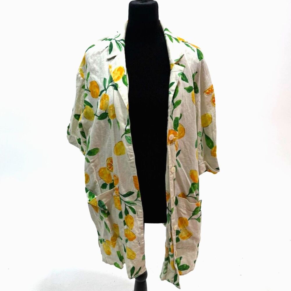 ZARA linen cotton blend lemon print short sleeve button up shirt - Picture 2 of 7